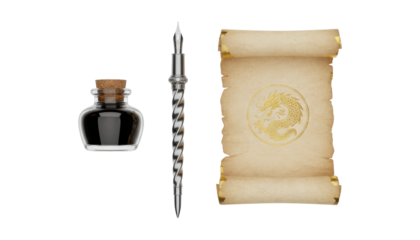 Vintage writing set featuring an aged parchment scroll with a golden dragon emblem, an ornate silver dip pen, and a glass inkwell with black ink and a cork stopper