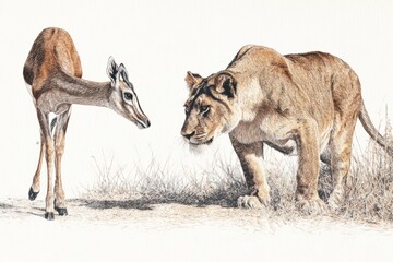 Naklejka premium Lioness Stalks Gazelle in a Natural Setting on White Background With Color Pen Drawing Detail