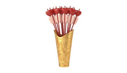 Golden quiver filled with red heart-tipped arrows and pink feathers stands ready for Cupid's romantic mission, featuring ornate floral engravings for Valentine's Day