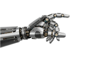 Detailed robotic hand with carbon fiber and metallic parts is shown in a pointing gesture, revealing its complex internal mechanics, wiring, and sophisticated joints in a close-up view