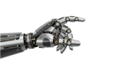 Detailed robotic hand with carbon fiber and metallic parts is shown in a pointing gesture, revealing its complex internal mechanics, wiring, and sophisticated joints in a close-up view