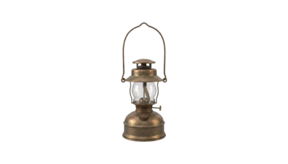 Rustic antique bronze hurricane lamp with a clear glass globe and a metal carrying handle, featuring a weathered, old-fashioned patina on its surface