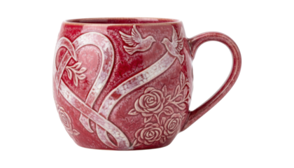 Red ceramic mug with an embossed romantic design of a heart, doves, and roses, featuring a beautiful crackle glaze finish and intricate details for a special occasion gift