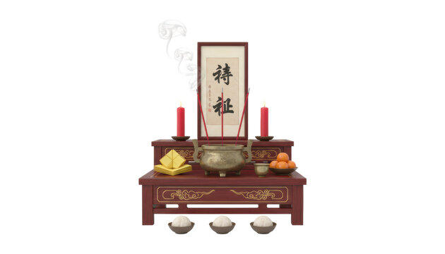 Traditional wooden ancestral altar table with offerings of smoking incense in a bronze censer, lit red candles, fruit, and joss paper for a spiritual ceremony