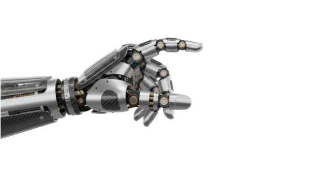 Detailed robotic hand with carbon fiber and metallic parts is shown in a pointing gesture, revealing its complex internal mechanics, wiring, and sophisticated joints in a close-up view - Powered by Adobe