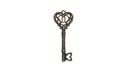Ornate vintage bronze skeleton key with a heart-shaped bow and bit, featuring intricate floral details and a decorative keyhole design in a dramatic studio setting