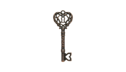 Ornate vintage bronze skeleton key with a heart-shaped bow and bit, featuring intricate floral details and a decorative keyhole design in a dramatic studio setting