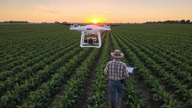 Wide shot shows farmer in hat standing in middle of green crop field at sunset, remotely controlling white quadcopter drone hovering low above plant rows while using tablet screen to monitor aerial