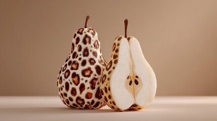 Two pears are placed side by side in a balanced horizontal composition of a surrealistic still life. Each pear is adorned with vibrant tiger stripes