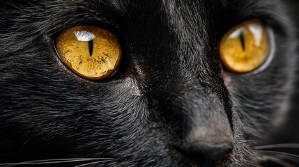 A black cat stares intensely with its bright yellow eyes. The detail in its fur and eyes shows its focus and curiosity. The light highlights its features well.