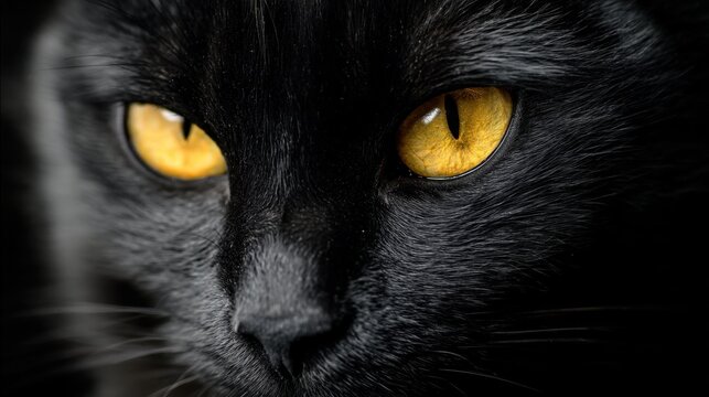 A black cat sits quietly in a room with low light. Its bright yellow eyes stand out reflecting curiosity and focus. The cat gazes ahead unaware of its surroundings.