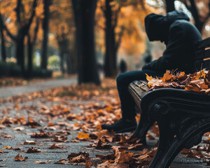 sad young man sitting on a bench in an autumn park