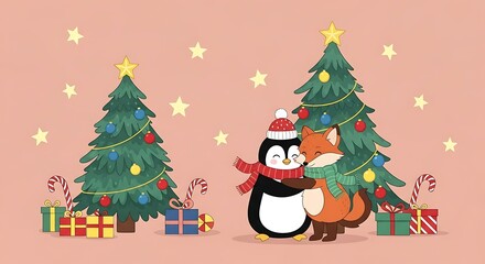 Cute cartoon penguin and happy fox embracing warmly next to decorated Christmas trees and presents underneath sparkling stars