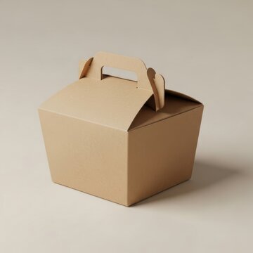 Small kraft paper takeout box with handle for food, gifts, or bakery items mockup on neutral background