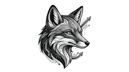 Intricate fox head illustration with detailed fur and piercing gaze, artistic design.