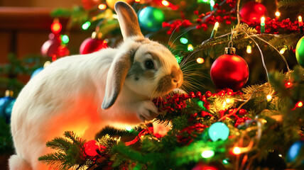 The rabbit is depicted near the Christmas tree, illuminated by colorful lights and decorated with New Year's balls.