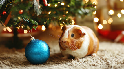 A guinea pig is depicted sitting under a decorated Christmas tree next to a Christmas ball in a warm festive light.