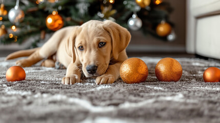 cute beige labrador puppy playing with a christmas ball on the carpet under a christmas tree