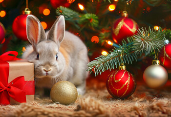 The rabbit is depicted sitting on a soft carpet next to bright Christmas balls and a gift box