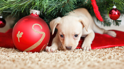 The puppy is depicted lying on a soft carpet with shiny red balls around