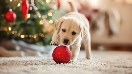 Labrador puppy playing under a Christmas tree with a Christmas ball