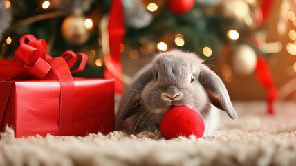 Lop-eared cute rabbit playing with a ball under the Christmas tree