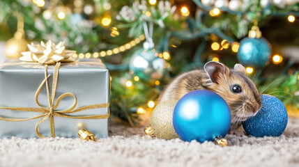 A hamster is depicted playing with Christmas decorations next to a holiday gift in an Christmas scene.