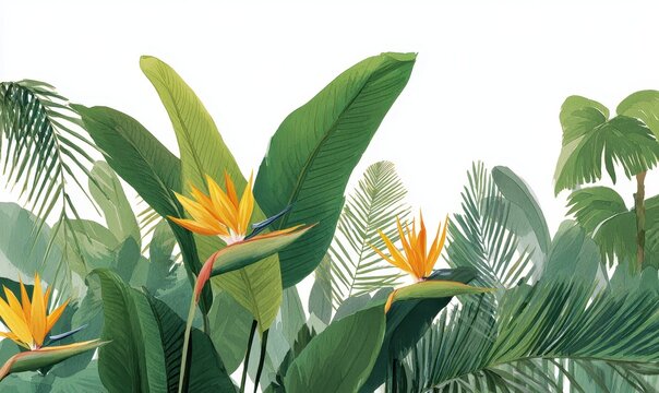 Vibrant Bird of Paradise Flowers and Lush Tropical Leaves Isolated on White.