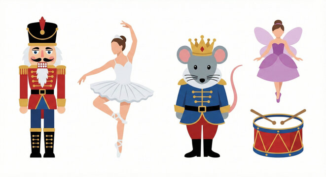 Nutcracker Ballet Characters and Drum Illustration
