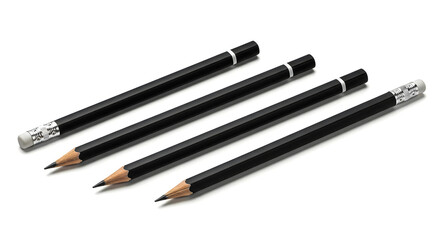 Four sharp black pencils with erasers on a white background, perfect for drawing and writing