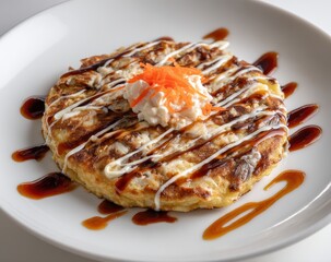 Artfully Drizzled Okonomiyaki - Savory Japanese Pancake with Mayo, Sauce, and Orange Garnish on White Plate.