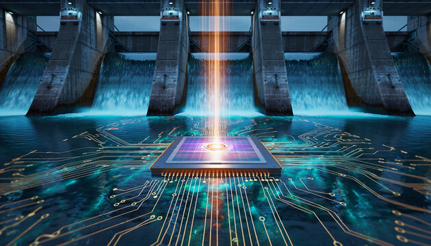 Wasserkraft trifft KI &ndash; Mikrochip im Staudamm als Energie- und Datenmetapher