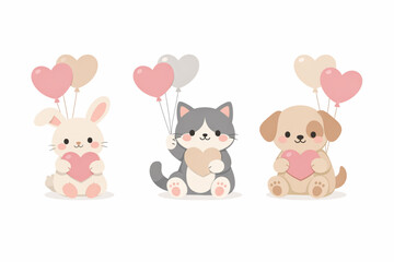 Naklejka premium Cute Love Animals Flat Set with Heart Balloons