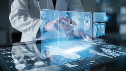Healthcare innovation doctor interacts with digital touchscreen technology to analyze patient data in a modern medical facility - Powered by Adobe