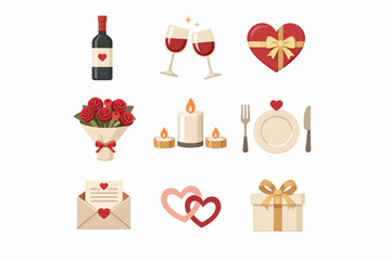 Romantic Date Night Flat Icons Set with Wine Flowers and Candles