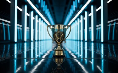 Golden trophy cup in a futuristic hallway with blue neon lights shining