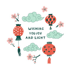 Chinese Spring Blossom Festival Illustration with Lanterns and Flowers Flat Vector Design