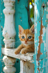 A red-haired blue-eyed kitten peeks out from behind the white fence of the veranda