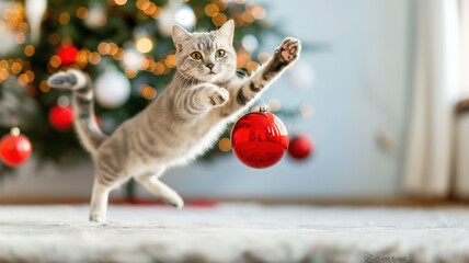The kitten cheerfully jumps after a shiny ball at the decorated Christmas tree, among soft light and gifts