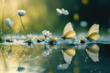 white and yellow butterflies fly over water with blooming water lilies