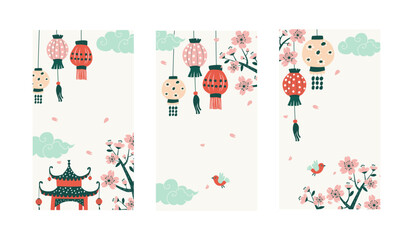 Chinese Spring Festival Vertical Backgrounds with Lanterns and Blossoms Vector Set