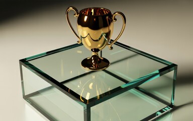 Golden trophy cup on a glass pedestal or stand base