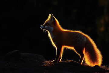 fox cub illuminated by light on a black background