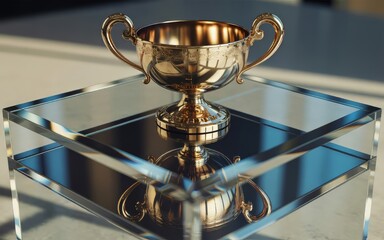 Golden trophy cup on a glass stand on a table indoors
