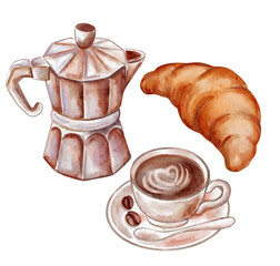Watercolor coffee set with moka pot, cappuccino cup, coffee beans, and croissant. Cozy hand painted breakfast illustration isolated on transparent background for cafe design and food concepts