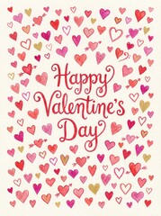 Watercolor Happy Valentine's Day Card with Pink and Gold Hearts Frame Vertical Design