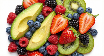 Obraz premium Top view of fresh organic sliced avocado, strawberries, blueberries, raspberries, and kiwi with water droplets on white background