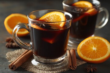 A cozy warm spiced beverage is showcased in a glass mug, accompanied by orange slices and cinnamon sticks, perfect for winter nights and festive gatherings.