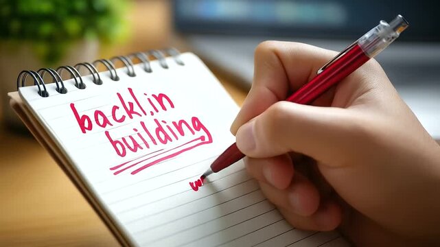 Close-up of faceless hand writing words backlink building with red pen, SEO strategy planning, defocused notepad, with copy space