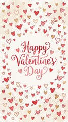 Watercolor Happy Valentine's Day Card with Pink and Gold Hearts Frame Vertical Design